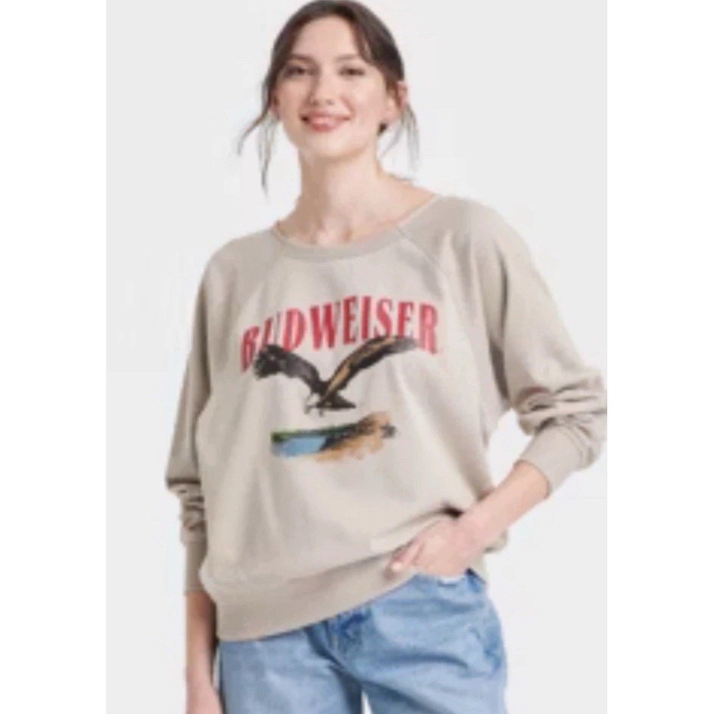 Women's Budweiser Bald Eagle Sweatshirt Beige Taupe Size S NWT In Bag